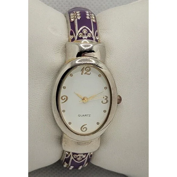 Women's Classic Oval Silver Tone White Dial Purple Cuff Bracelet Watch 01 - Picture 3 of 8
